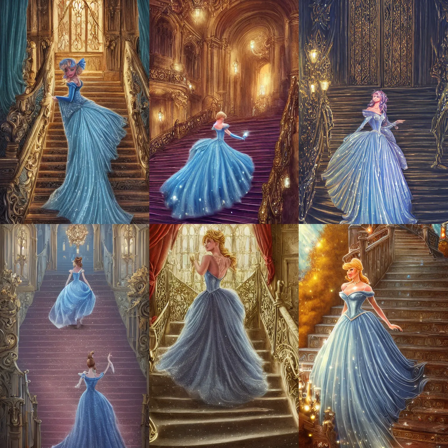 Prompt: cinderella in a sparkly gown is running down the steps of her beautiful castle, very detailed, intricate details, complimentary colors, perfect lighting, misty, evening, perfect composition, aesthetic, masterpiece, award winning, artstation