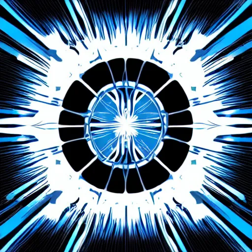 Image similar to a black background with a blue and white design, vector art by xul solar, featured on artstation, nuclear art, quantum wavetracing, fractalism, angular