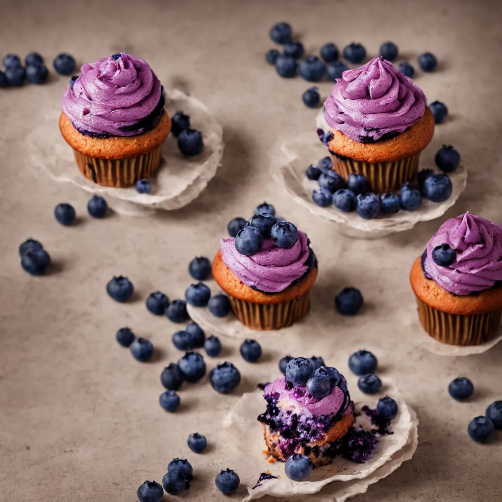 Prompt: blueberry cupcake, dynamic lighting, bokeh, carl zeiss 8 5 mm vintage lens, hyper realistic, award winning food photography