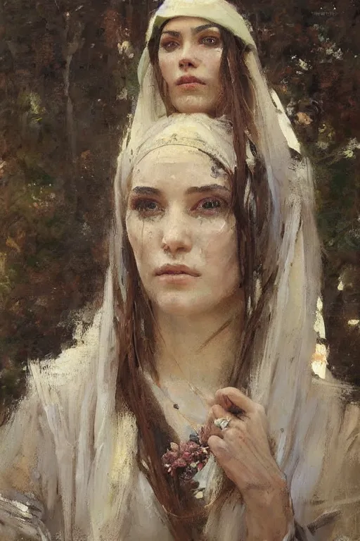 Prompt: Richard Schmid and Jeremy Lipking full length portrait painting of a young beautiful woman priestess in elaborate costume