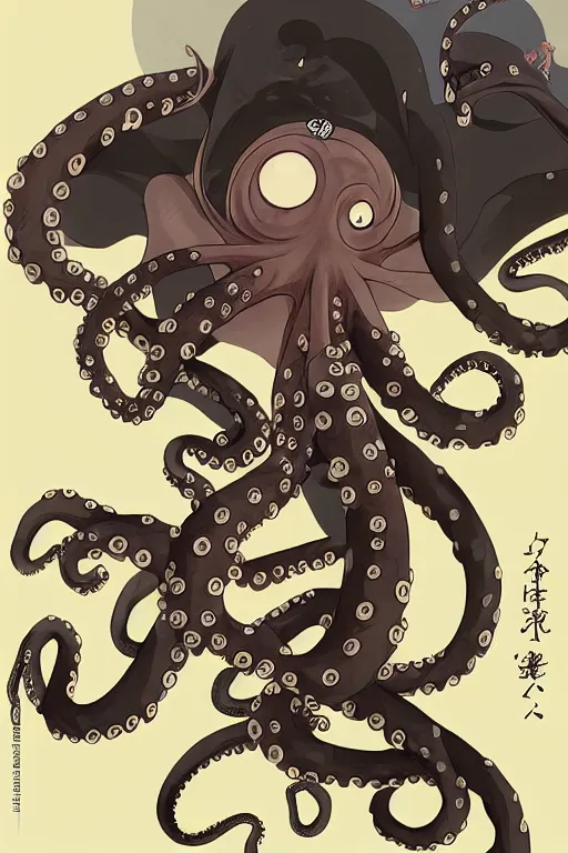 Image similar to key anime visuals of a octopus mixed with a ninja. a katana in his tentacle. the octopus is dressed as a ninja. highly detailed, intricate, directed by makoto shinkai, anime manga style, trending on art station.