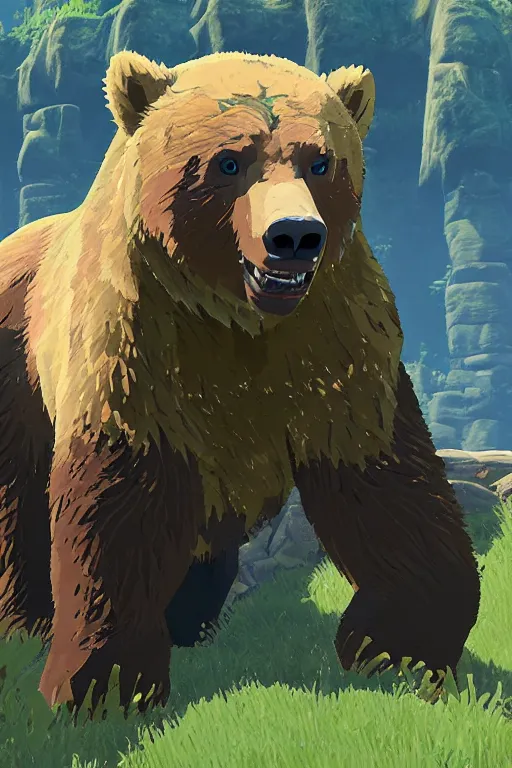 Image similar to in game footage of a grizzly bear from the legend of zelda breath of the wild, breath of the wild art style.