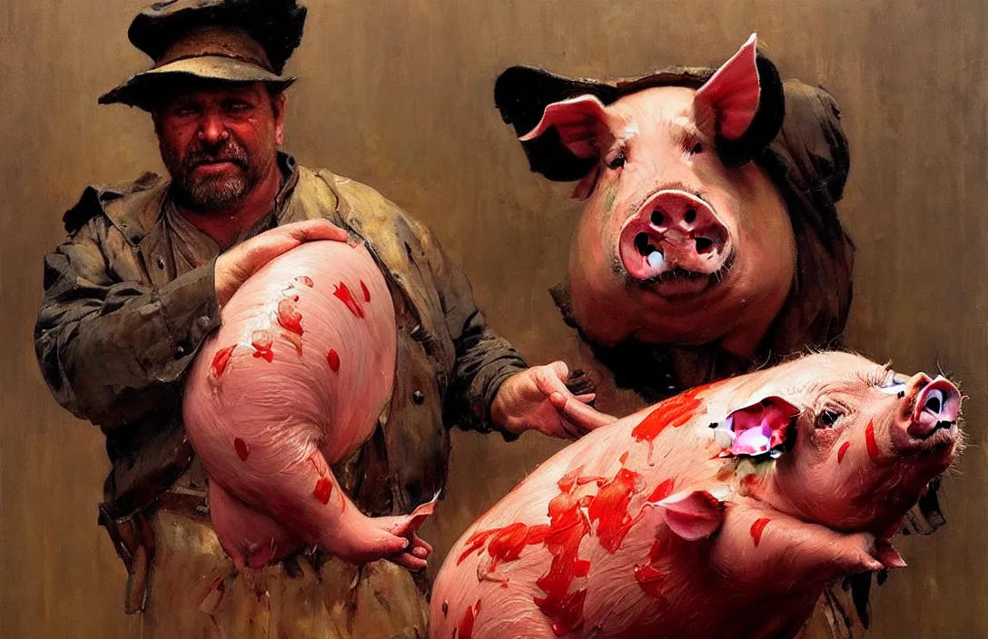 Prompt: portrait of pig butcher!!!!!!!!!!!!!!!!!!!!!!!!!!!, detailed face, detailed painting,, epic lighting, by ilya repin, phil hale and kent williams