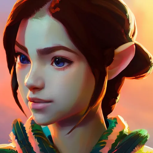 Image similar to Portrait of a beautiful young woman in the style of Breath of the Wild, studio lightning, bright colors, intricate, masterpiece, photorealistic, hiperrealistic, sharp focus, high contrast, Artstation HQ, 4k UHD, Unreal Engine 5