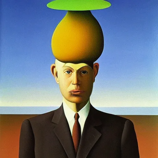 Prompt: surrealist painting of a man with a mushroom for a head, rene magritte