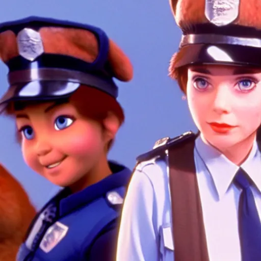 Prompt: film still, a real human young policewoman who is Judy Hopps, from Police Academy 2 (1985)