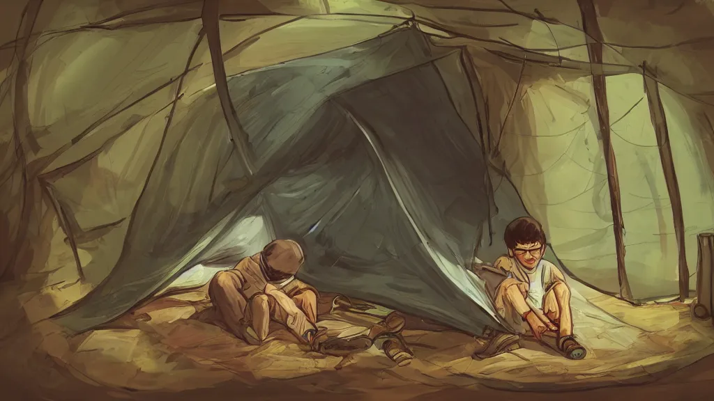 Image similar to an illustration of a teenage kid in a tent, drunk and vomiting all around his tent, fisheye lens, high contrast, highly detailed, sharp focus, digital painting, 3 d art, illustration, trending on artstation,