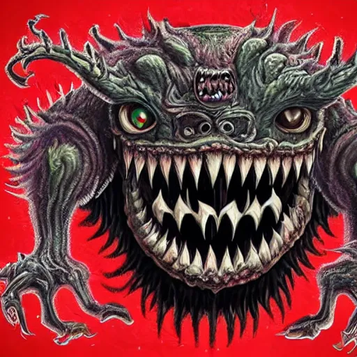 Prompt: a creepy monster beast with hundreds of eyes, scary smiling mouth with strings of salive, sharp teeth, horror art, intricate, extremely detailed, sharp