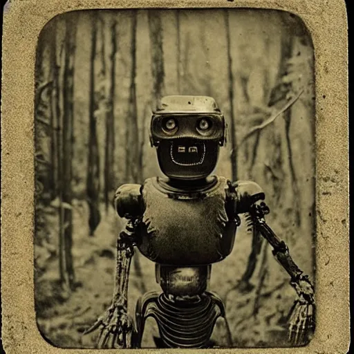 Image similar to “Early 1900s daguerreotype, robot zombie in the forest, hyper realistic, by Steven Rhodes, shallow depth of field, sepia, eerie, macabre, scratches and burns on film, horror, cinematic, photorealistic, highly detailed”