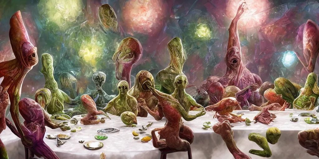 Image similar to !13 very diverse aliens enjoying a rich salad around a marble table, !positioned as last supper cinematic lighting, crystals and diamonds, emeralds, idilic, fantasy, surreal, floating, highly detalied, 4k, artstation, by Wayne Barlowe