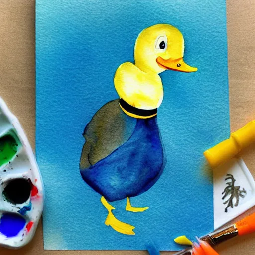 Prompt: watercolor yellow duck with party horn, cute illustration by basia tran