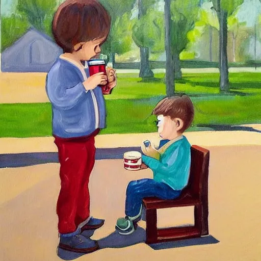 Image similar to little boy drinking hot chocolate and looking at his father wallet he hold in hand. in the background the father looking for his wallet. painting.