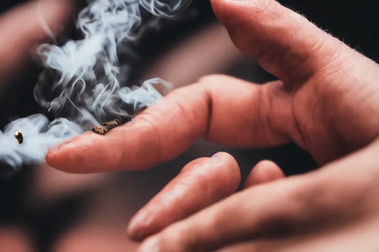Image similar to Close-up of thin soft hand, five fingers, hand with cigarette with smoke, hand with five fingers, hyper realistic, high details, photo, super resolution