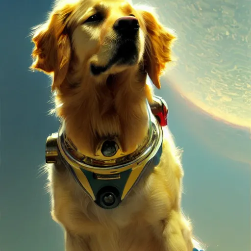 Image similar to a golden retriever in a space suit, highly detailed, digital painting, artstation, concept art, sharp focus, illustration, art by greg rutkowski and alphonse mucha