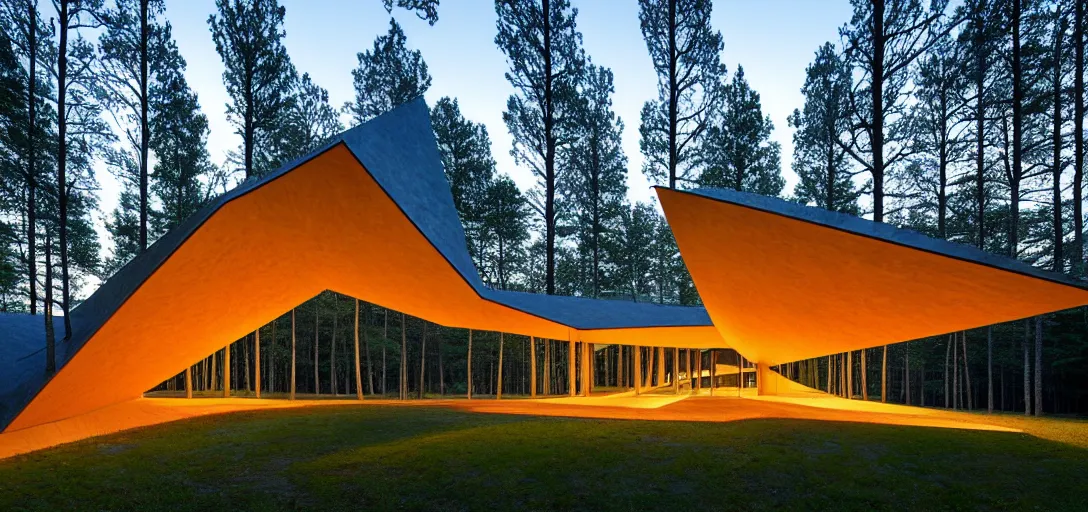 Image similar to faceted roof planes lift and descend creating shade and architectural expression, highly detailed, situated in the forest, next to a highly reflective lake, at dusk, vivid color