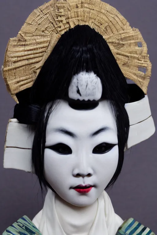 Image similar to porcelain eyeless geisha made by Kris Kuksi and HR Giger