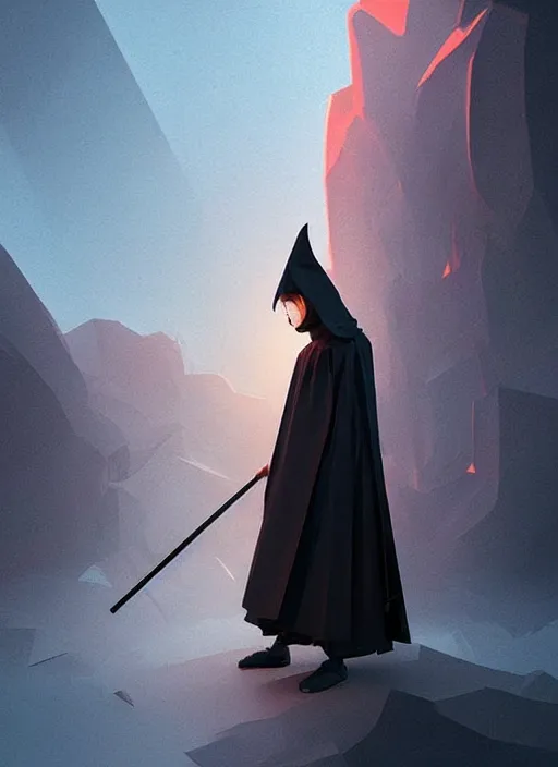 Image similar to kid wearing black cloak holding stick - 3 d vfx art - of the sun, art style by james jean & hsiao - ron cheng, character concept art, unreal engine render, digital illustration, sharp, intricate detail, volumetric light, ray tracing, soft light, symmetric, pinterest, artstation, behance,