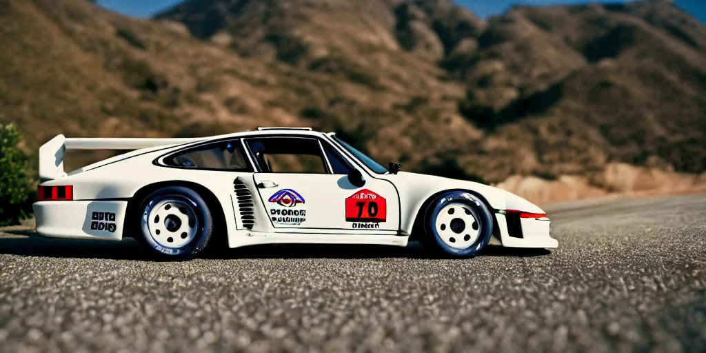 Prompt: photograph, debadged, 1989 PORSCHE 935, by Pete Biro, press release, cinematic, malibu canyon, 8k, depth of field, bokeh. debadged ,