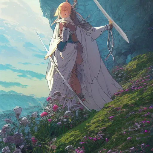 Prompt: the knight and the sword of rose petal, anime, castle core, mountains, rocky roads. by hayao miyazaki and rossdraws and artgerm and greg rutkowski and alphonse mucha and studio ghibli and ilya kuvshinov. high quality, stunning, intricate detailed environment. 8 k