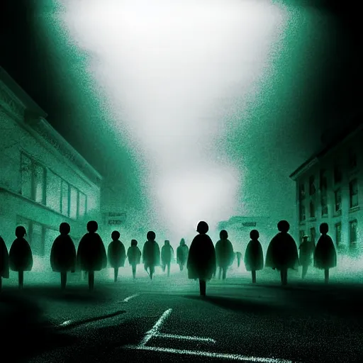 Image similar to mob of faceless shadow zombies. high angle from 2 nd floor cinematic movie photograph looking down diagonally across a spooky dark very foggy main street intersection in an abandoned small town at night, muted greens muted yellows color palette. dozens of faceless ghouls walking towards us menacingly through the dense fog. 2 point perspective. overrun with dark zombie shadows.