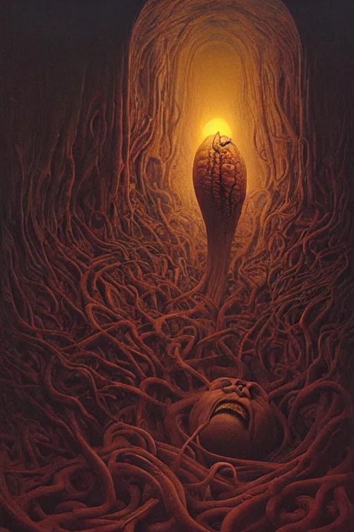 Image similar to there's something strange in the giant banana, close up of banana, by zdzislaw beksinski, by dariusz zawadzki, by wayne barlowe, gothic, surrealism, cosmic horror, lovecraftian, cold hue's, warm tone gradient background, concept art, beautiful composition