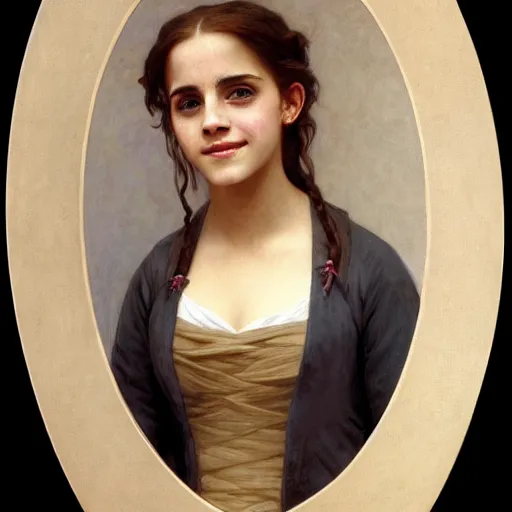 Image similar to Painting of Emma Watson as Hermione Granger. Smiling. Happy. Cheerful. Art by william adolphe bouguereau. Extremely detailed. Beautiful. 4K. Award winning.