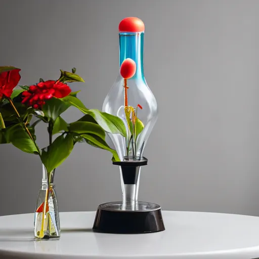 Prompt: retro conic lava lamp on a white table, product photography