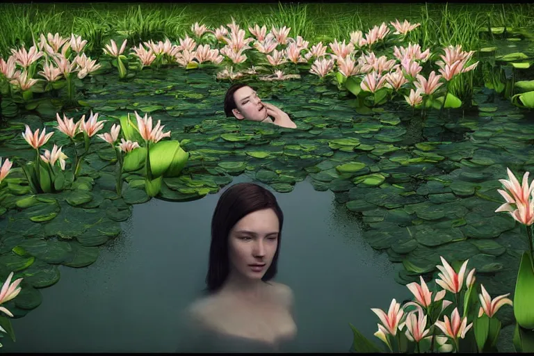 Image similar to hyperrealistic cinematic 3 d portrait of a woman's head and shoulders floating below the surface of a pond, surrounded by a forrest of lillies, deep focus, intricate, elegant, highly detailed, matte, sharp focus, by bill henson and gregory crewdson and james jean, trending on artstation