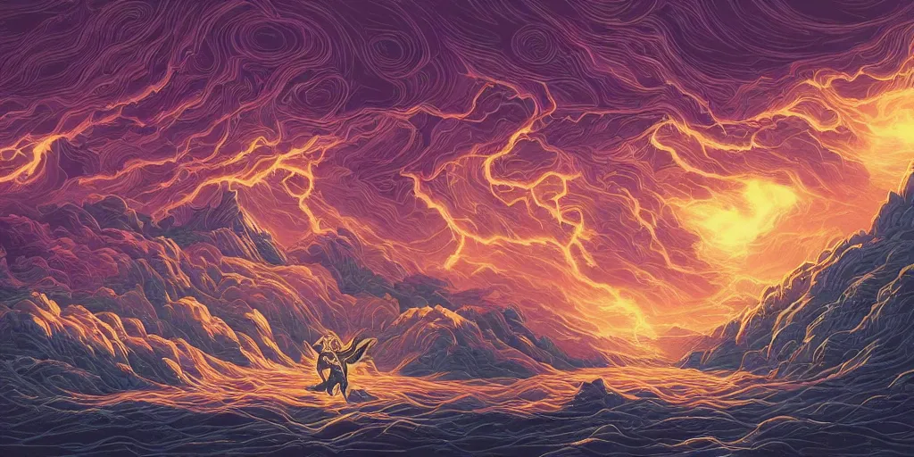 Prompt: artwork, masterpiece of from Dan Mumford collection ::La Chroma:: with a mage invoking divine gods while there's a storm and lightings, trending on ArtStation, art by Dan Mumford and details by artgerm