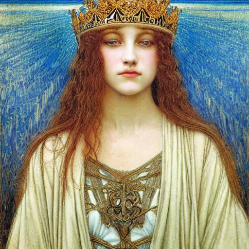 Image similar to detailed realistic beautiful young medieval queen face portrait by jean delville, art nouveau, symbolist, visionary, gothic