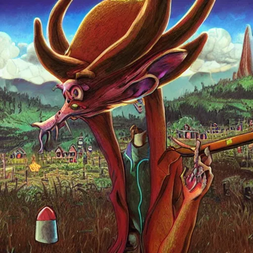 Prompt: a centered chest up portrait of a psychedelic demonic anthropomorphic wendigo smoking a hand - rolled cigarette smoking heavily, magic mushroom village in background. award winning. superb resolution. in the art style of junji ito and greg rutkowski. detailed mushroom city in background. hyper realistic anime. perfect art. dalle 2