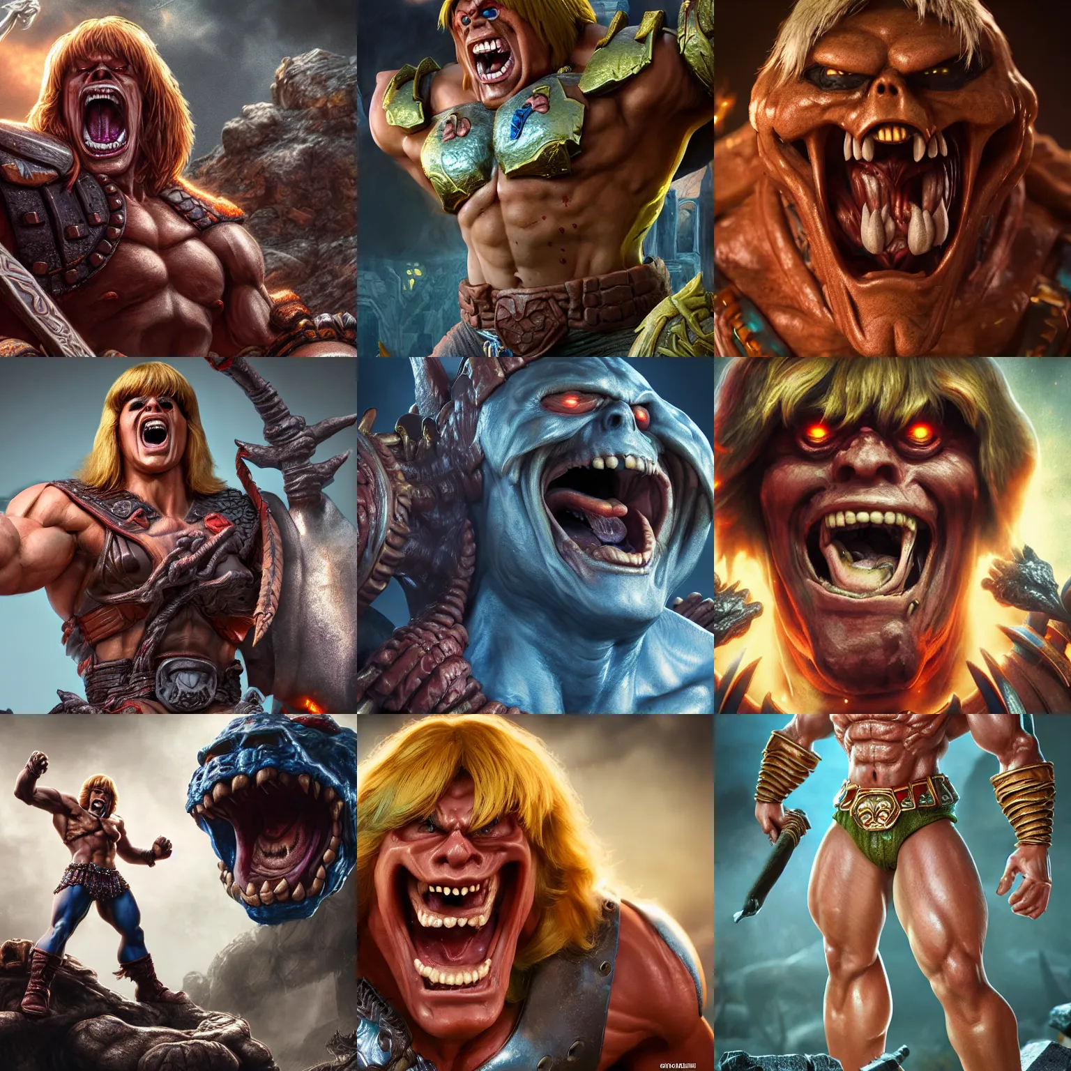 Prompt: He-man happy and screaming, ultra realistic, concept art, intricate details, dark, highly detailed, photorealistic, octane render, 8k, unreal engine