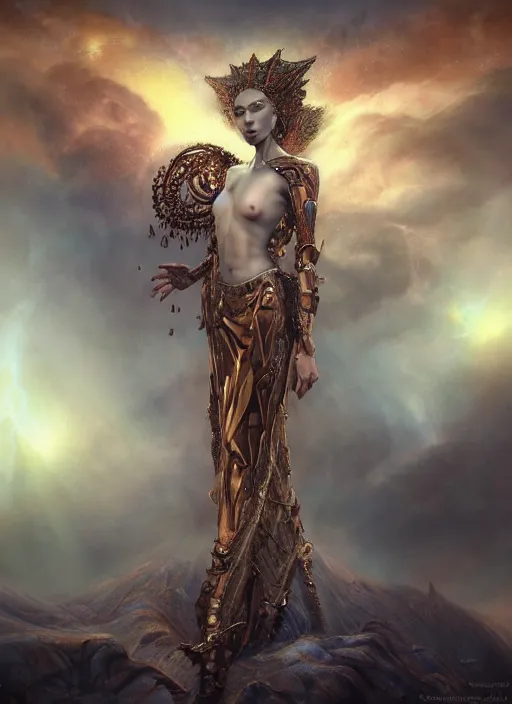 Image similar to epic portrait of menacing and agitated yet stunningly beautiful biomechanical djinn divine priest of creation overseeing the iridescent fabric of the universe, by charlie bowater, mandy jurgens, gustav klimt, octane render, dramatic camera angle, 4k, 8k, high detail, HDR, by tom bagshaw, powerful, with inspiration from Beksinski, inspired by greek goddess Athena