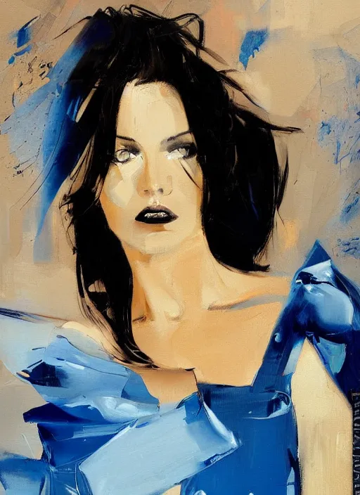 Prompt: fashion model in blue dress, painting by phil hale, fransico goya,'action lines '!!!, graphic style, visible brushstrokes, motion blur, blurry, visible paint texture, crisp hd image