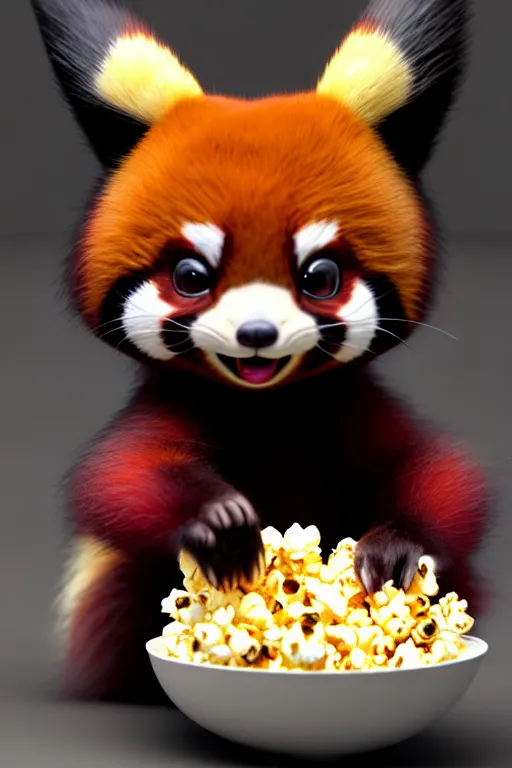 Prompt: high quality 3 d render hyperrealist very cute gothic happy red panda & koala hybrid eating popcorn, vray smooth, detective pikachu, very dramatic light, low angle, uhd 8 k, shallow depth or field