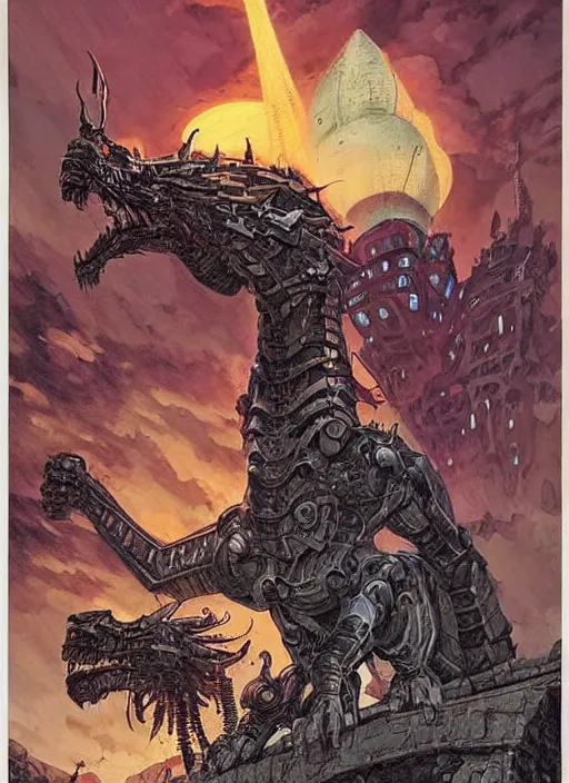 Prompt: intricate fantasy comic book drawing of a ( giant mechanical dragon ) over a ( stronghold castle ) by dariusz zawadski and simon stalenhag, simon bisley!, jack kirby!!! and gris grimly, cinematic, epic, awesome color palette