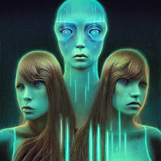 Image similar to charlies angels by beksinski and tristan eaton, dark neon trimmed beautiful dystopian digital art