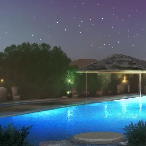 Prompt: a single pool in the middle of the desert at night, lights around the pool, dynamic lights, photorealistic concept art