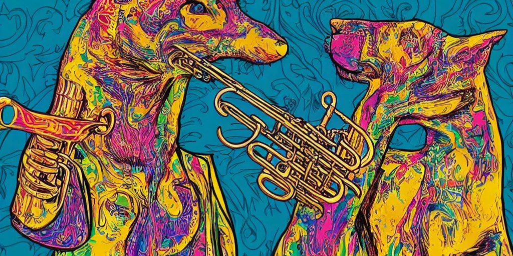 Image similar to highly detailed digital artwork of a psychedelic dingo - man with a salvador dali mustache. he wears a blue paisley jacket. he has a short green fade hairstyle. he is playing the trumpet.