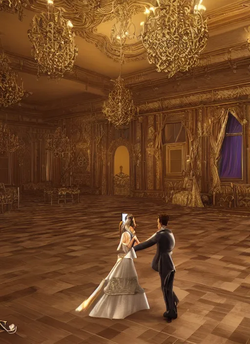 Prompt: highly detailed digital illustration of a newly married king and queen dancing in the grand ballroom of a fantasy castle | fantasy art, cryengine, concept art, photorealism, daz 3 d, sketchfab, zbrush, vray, rule of thirds, golden ratio