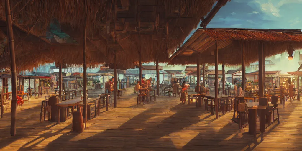 Image similar to interior of a kopitiam at pulau indah fishing village, near a jetty, early morning, hyperrealistic, detailed matte painting, low angle view, telephoto lens, bokeh, studio ghibli, artstation