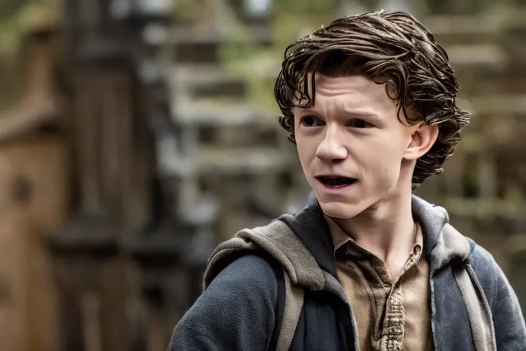 Prompt: film still of Tom Holland as Harry Potter in Harry Potter movie