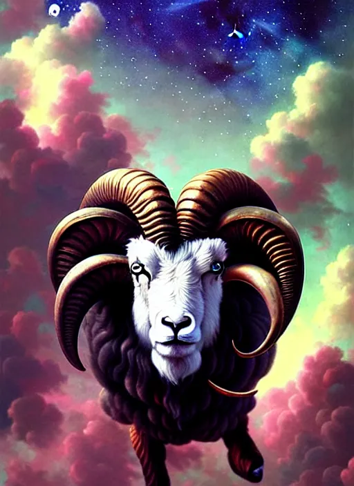 Prompt: aries the ram!!!! highly detailed, high contrast, light reflection, trippy, nebula, trending on art station by artgem, by peter mohrbacher, by wlop, by ruan jia