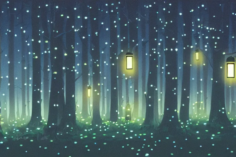 Prompt: Forest at night with floating lights, magical, by Studio Ghibli