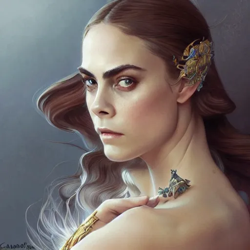 Image similar to Cara Delevigne , intricate, elegant, highly detailed, digital painting, artstation, concept art, smooth, sharp focus, illustration, art by artgerm and greg rutkowski and alphonse mucha