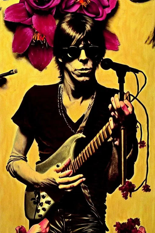 Prompt: the velvet underground and nico playing live on stage at a night club, beautiful stage decoration with flowers in the background, painting by norman rockwell, very detailed and toned down and ornamental and moody and cool and relaxed and high on drugs, tasteful colors, trending on artstation, behance contest winner