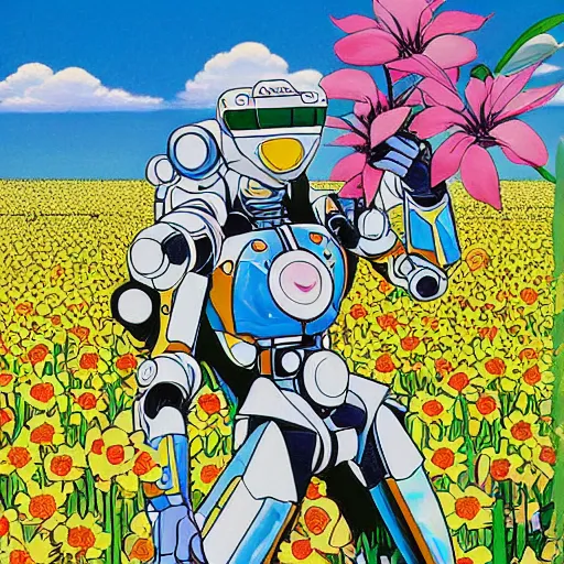 Prompt: a beautiful painting of a macular humanoid mecha power ranger in a field of flowers by hiroshi nagai and hirohiko araki, detailed line art