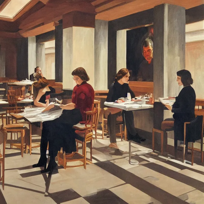 Image similar to Anthony Hopkins reading newspaper at the restaurant packed with women that look like Gal Gadot, art deco interior, skylight open ceiling, designed by Frank Lloyd Wright, highly detailed, painted by Edward Hopper, painted by James Gilleard