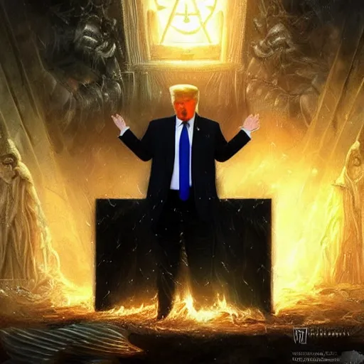 Prompt: Donald Trump praying to the Dark Gods at the unholy temple of DarkMAGA, highly detailed, digital art by Ross Tran and Greg Rutkowski