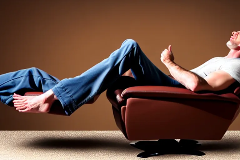 Image similar to an animated caucasian man relaxing on a brown reclined leather chair